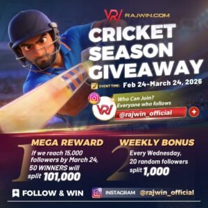 rajwingame cricket giveaway banner rajwin apk rajwin app rajwin download follow and win bonus offer
